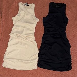 Sleeveless Ruched Bodycon Dress - Cream and Black